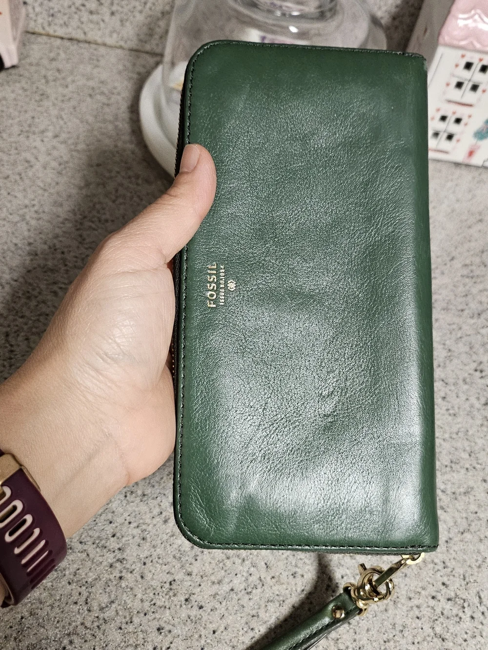 Fossil Green Leather Zip Wallet